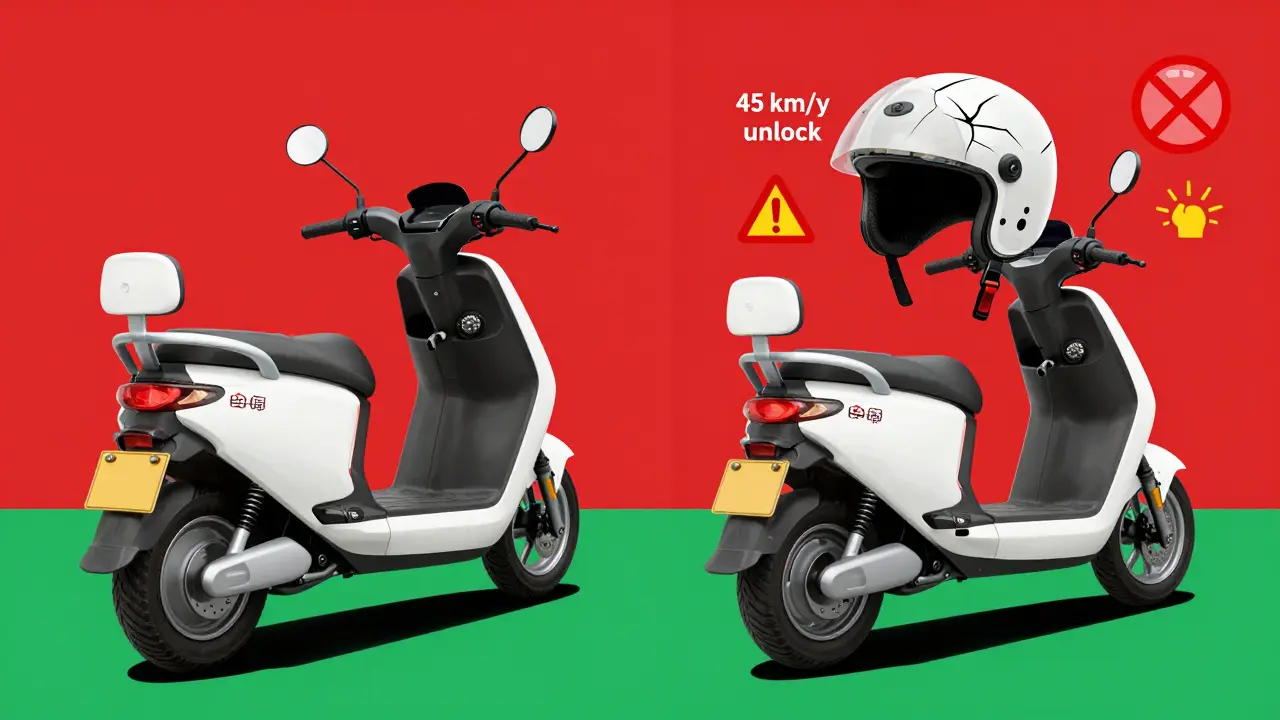 Vergleich: Legaler E-Roller mit Zulassung vs. illegal modifizierter Roller mit Warnsymbolen