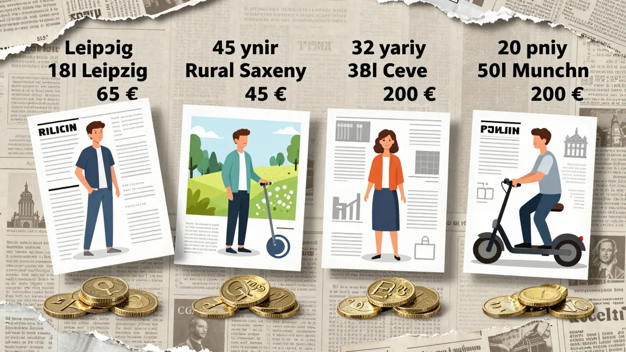Vergleich von Versicherungskosten für vier verschiedene Rollerfahrer in Deutschland mit Preisschildern.