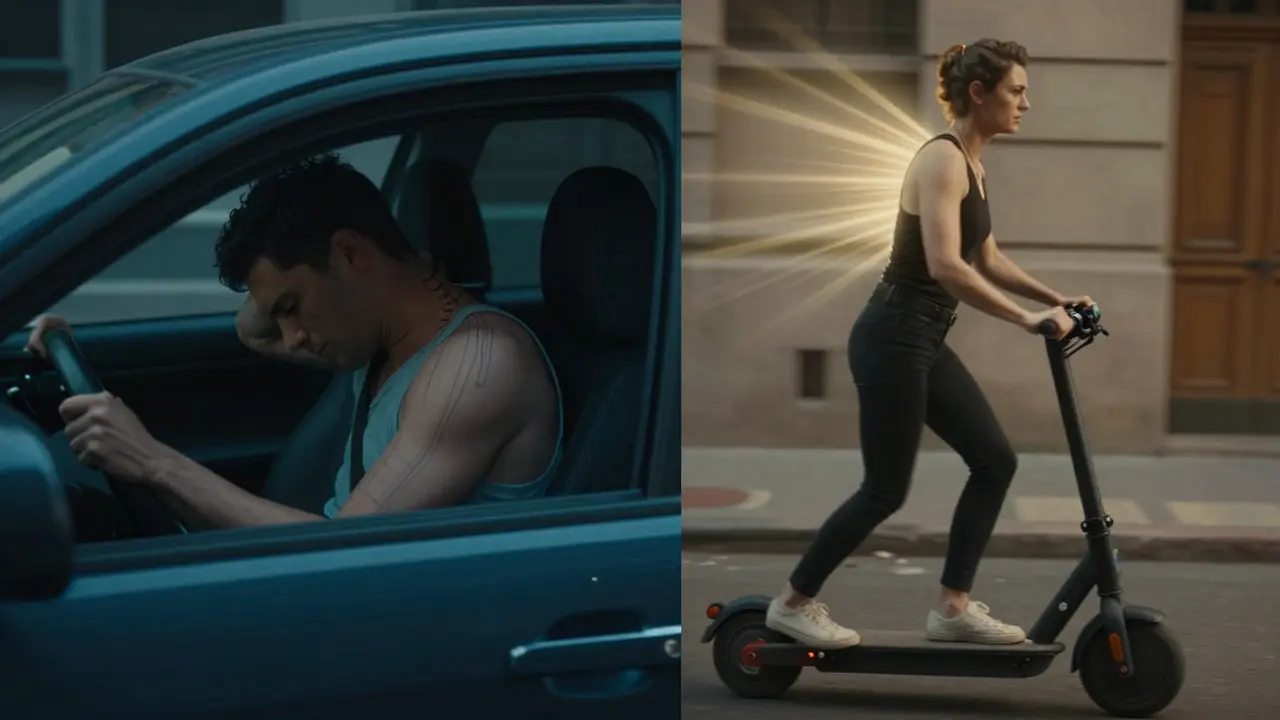 Vergleich zweier Personen: eine im Auto mit verspannter Haltung, andere auf Roller mit aufrechter Haltung – Kontrast von Anspannung und Freiheit.