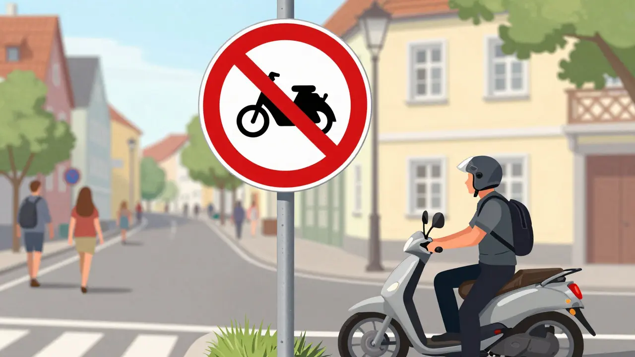 Verkehrszeichen mit Mofa-Verbot am Eingang einer Fußgängerzone, Roller steht daneben.