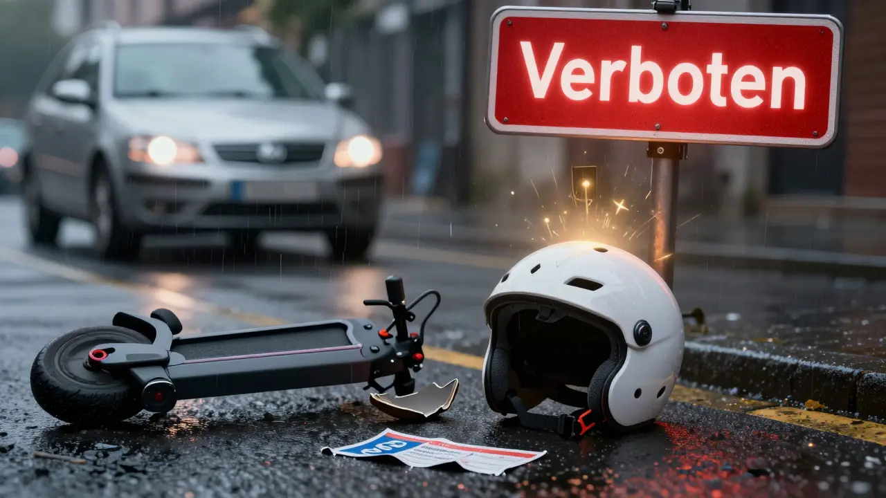 Zerbrochener Helm und kaputter Roller auf nasser Straße, rotes Verbotsschild im Hintergrund, goldenes Licht für sicheres Fahren darüber.