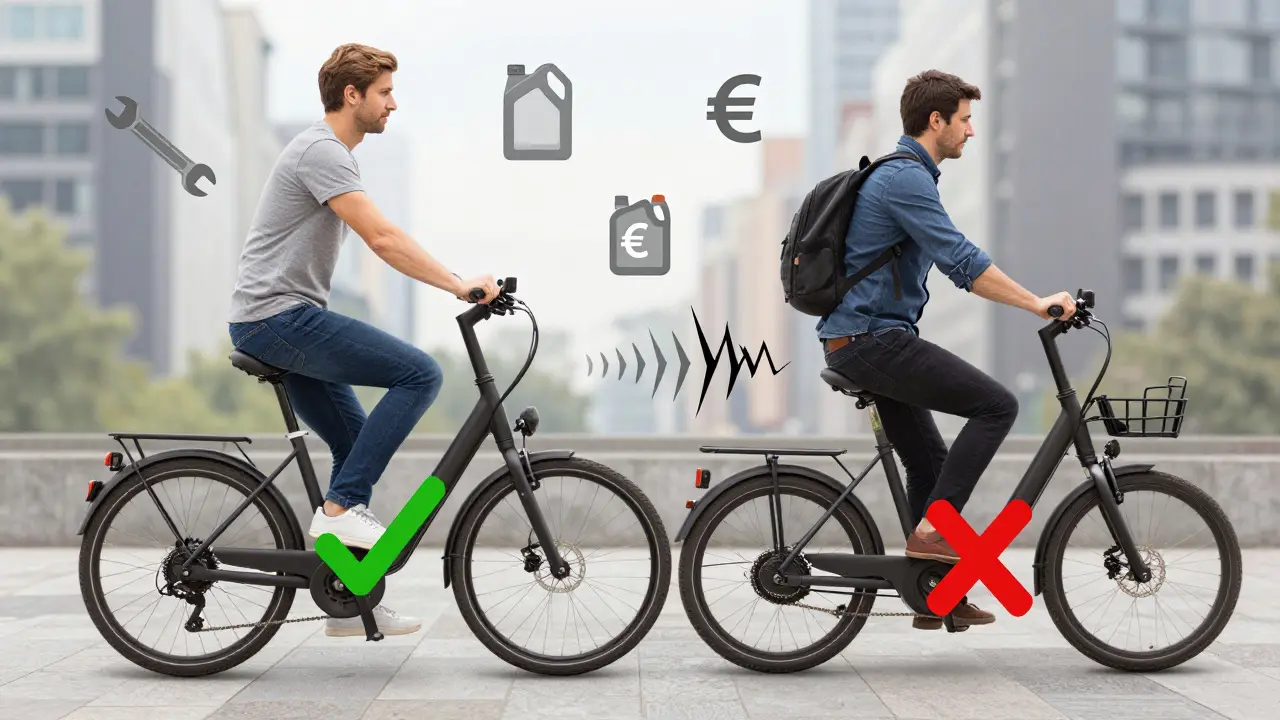 Zwei E-Bikes vergleichend: eines mit korrektem Schalten (grün), eines mit falschem Schalten (rot), Werkzeug- und Kosten-Symbole umgeben.