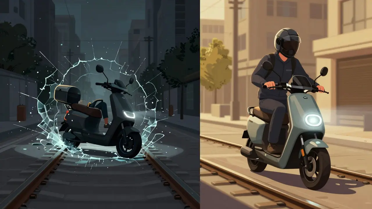 Zwei Szenen: ein gefährlicher Sturz auf Straßenbahnschienen vs. ein sicheres Fahren mit moderner Sicherheitsausrüstung.