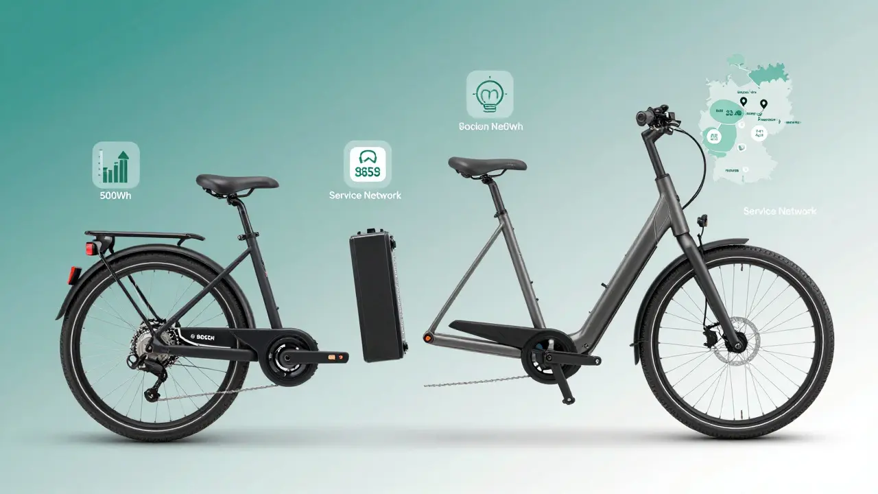 Aufgezeigte Kernkomponenten eines E-Bikes: Motor, Batterie, Rahmen und Service-Netzwerk mit Vergleichsstatistiken.