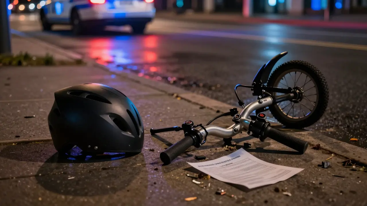 Crashed S-Pedelec on sidewalk at night with exposed throttle and broken helmet, emergency lights reflecting on wet ground.