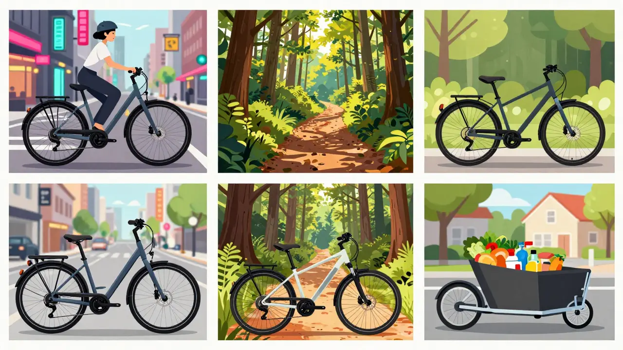 Drei E-Bike-Typen in unterschiedlichen Szenarien: Stadt, Trekking, Cargo