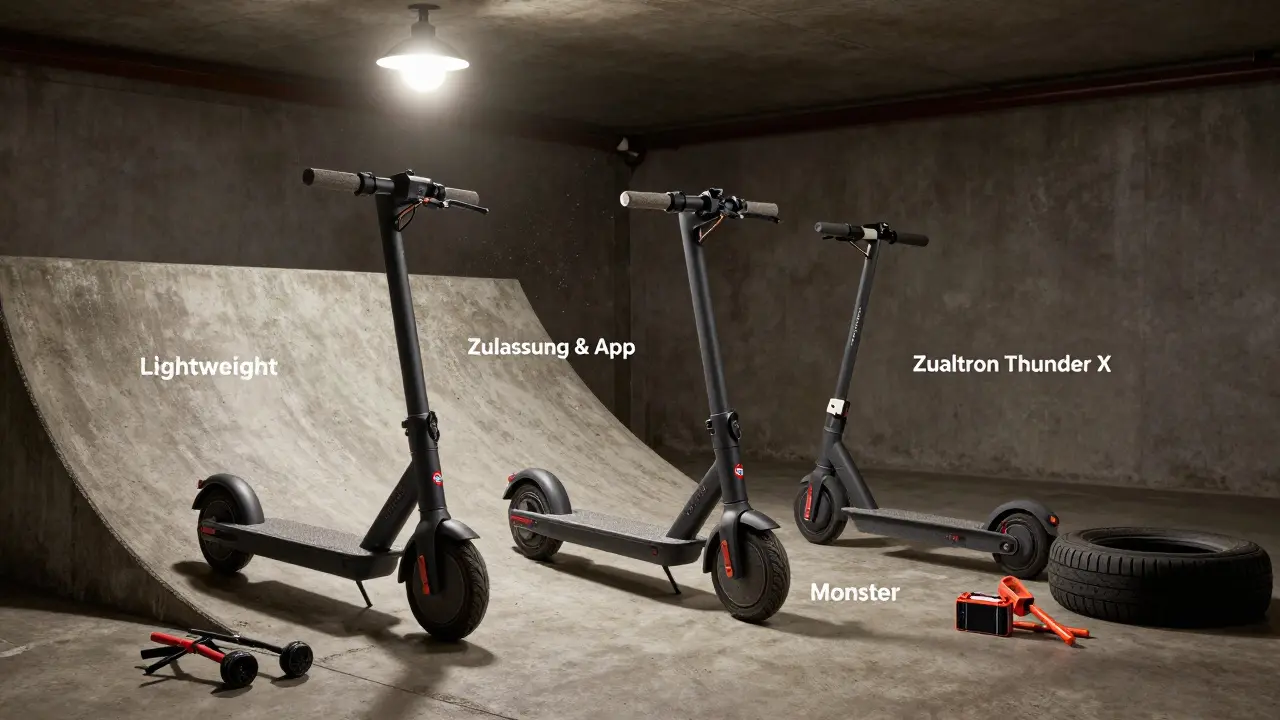Drei E-Scooter in einer Garage, jeder mit Kennzeichnung: leicht, zugelassen, leistungsstark, mit Werkzeug und Akku-Details.