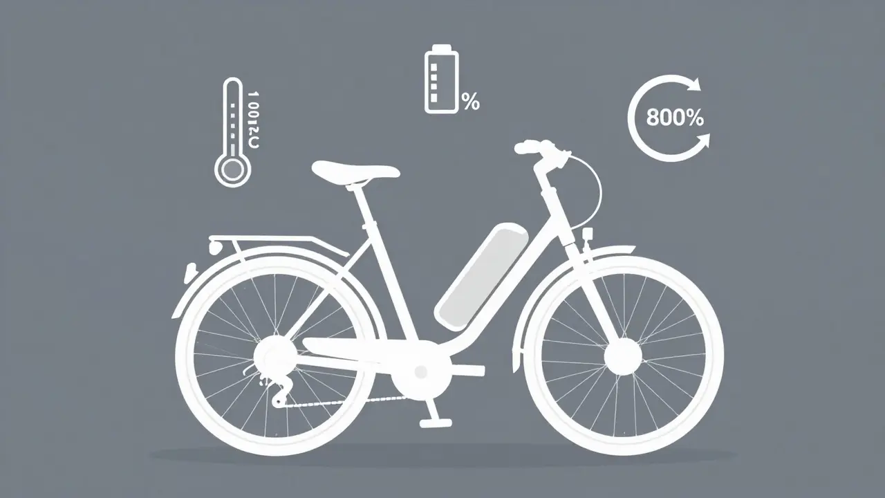 E-Bike mit Batterie, umgeben von Symbolen für optimale Temperatur, 80%-Ladung und 1200 Ladezyklen auf neutralem Hintergrund.