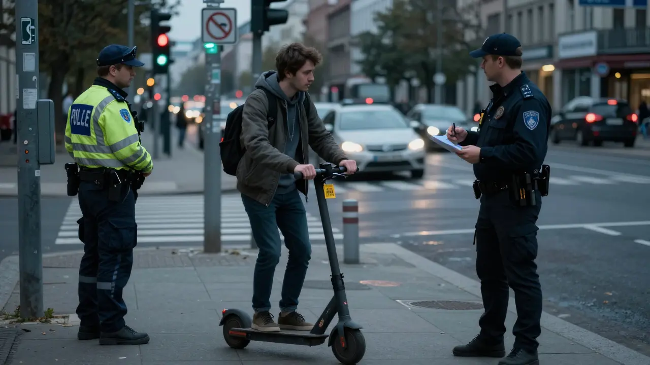 E-Scooter ohne Versicherungskennzeichen wird von einer Polizeikontrolle angehalten, in einer deutschen Stadt.
