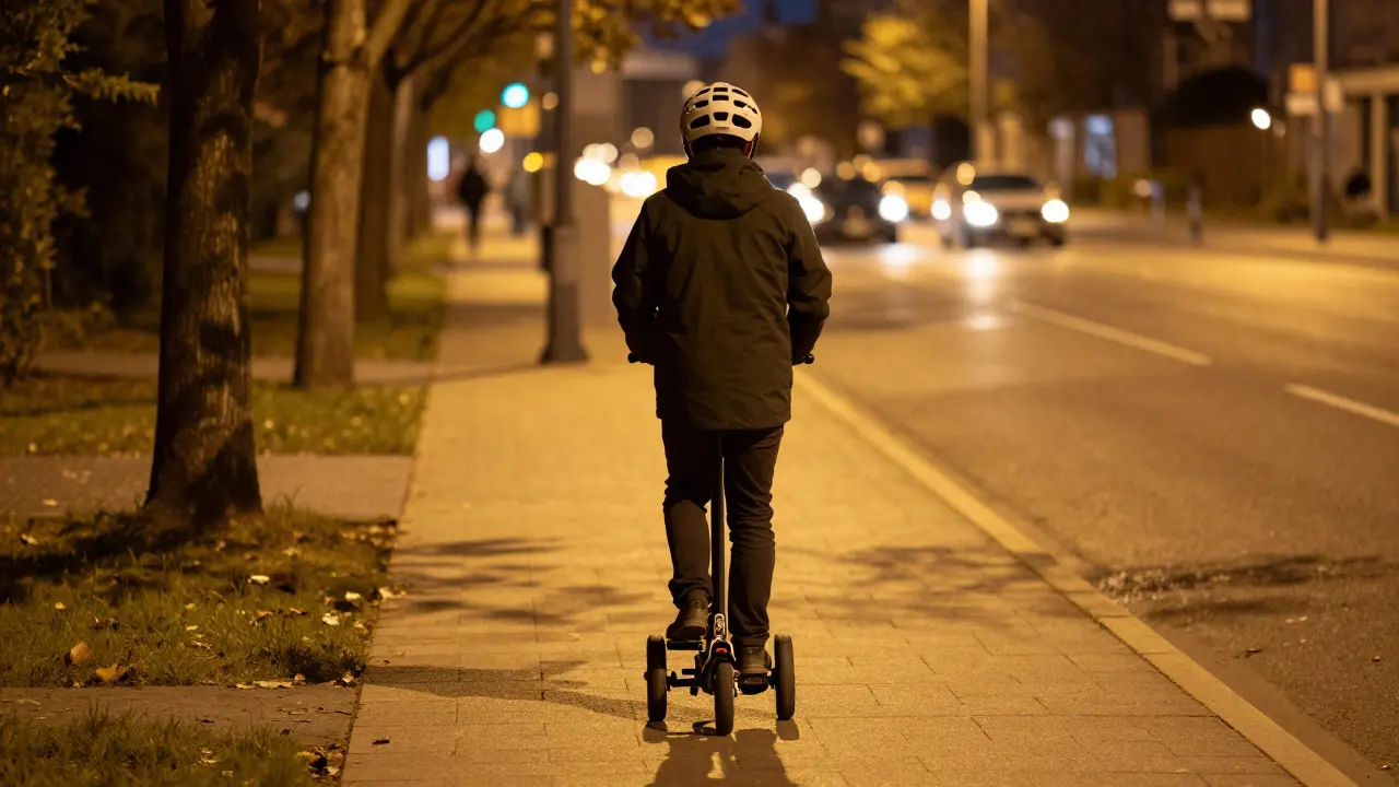 Ein 14-Jähriger fährt mit einem 20 km/h E-Roller auf einem Radweg, ohne Kennzeichen, bei Abendlicht.