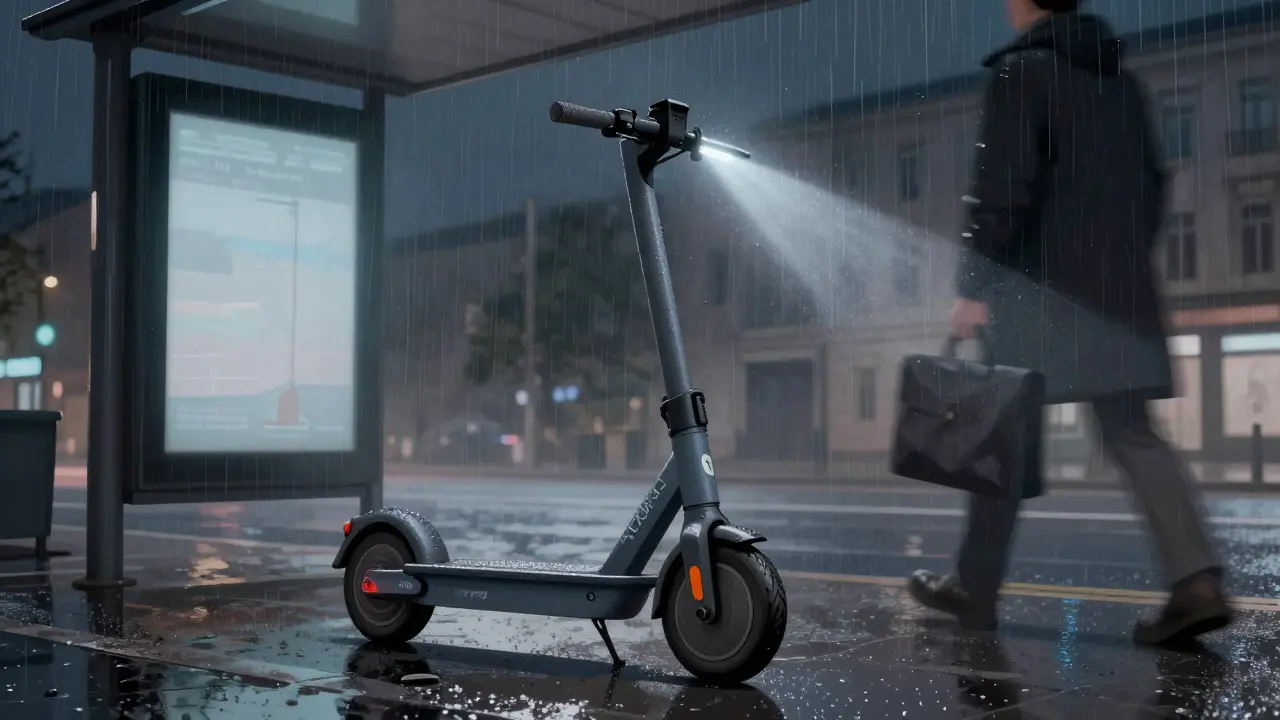 Ein Elektroroller im Regen mit eingeschalteten Scheinwerfern.