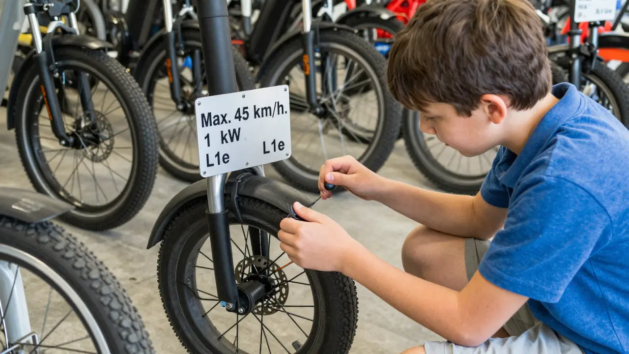Ein Jugendlicher prüft das Typenschild eines E-Rollers mit Angaben zu Geschwindigkeit und Klasse L1e.