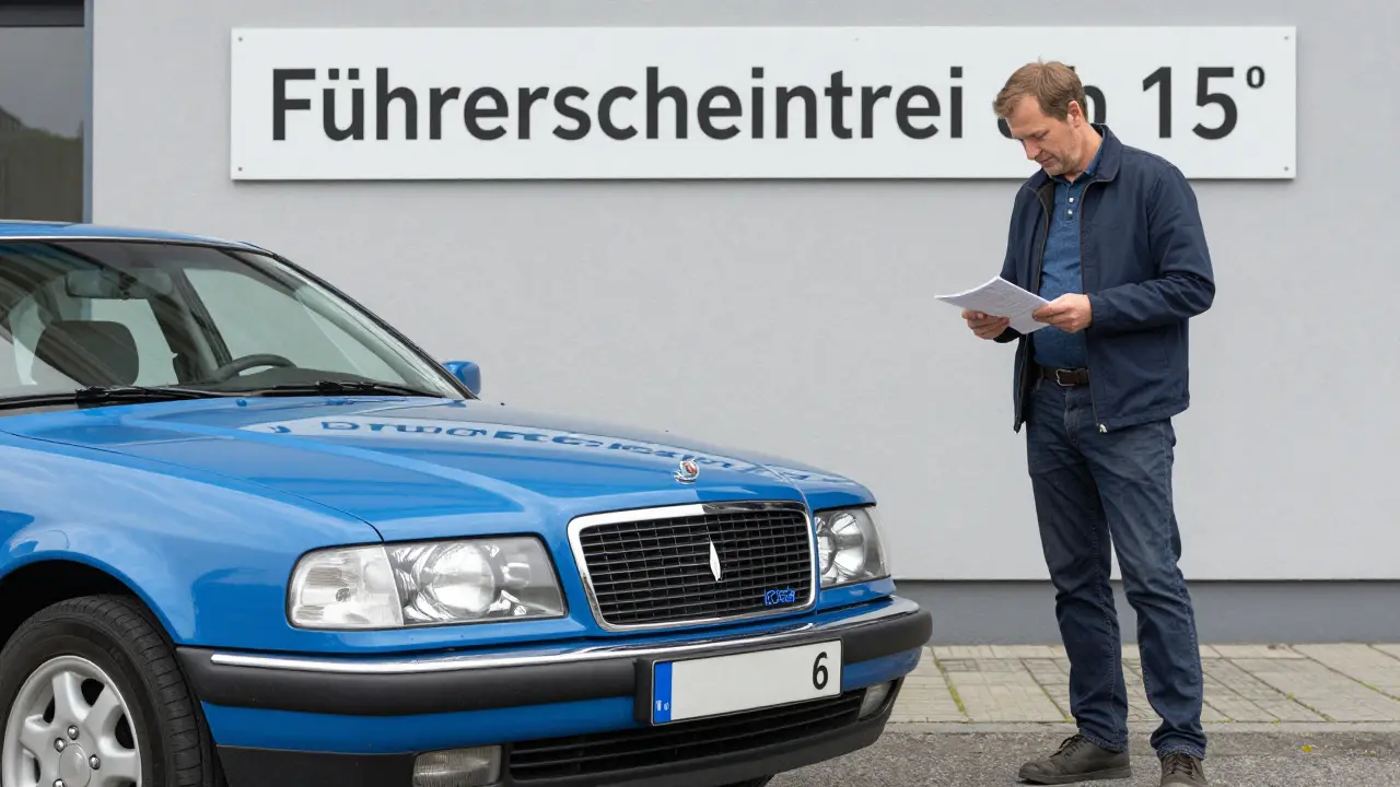 Ein Kabinenroller mit blauem Kennzeichen vor dem Zulassungsamt, Besitzer mit Prüfbescheinigung.