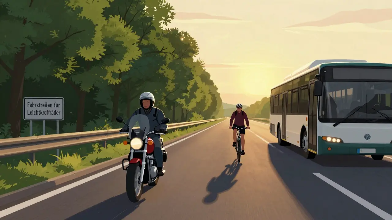 Ein Leichtkraftrad fährt sicher auf einer Landstraße bei Sonnenuntergang.