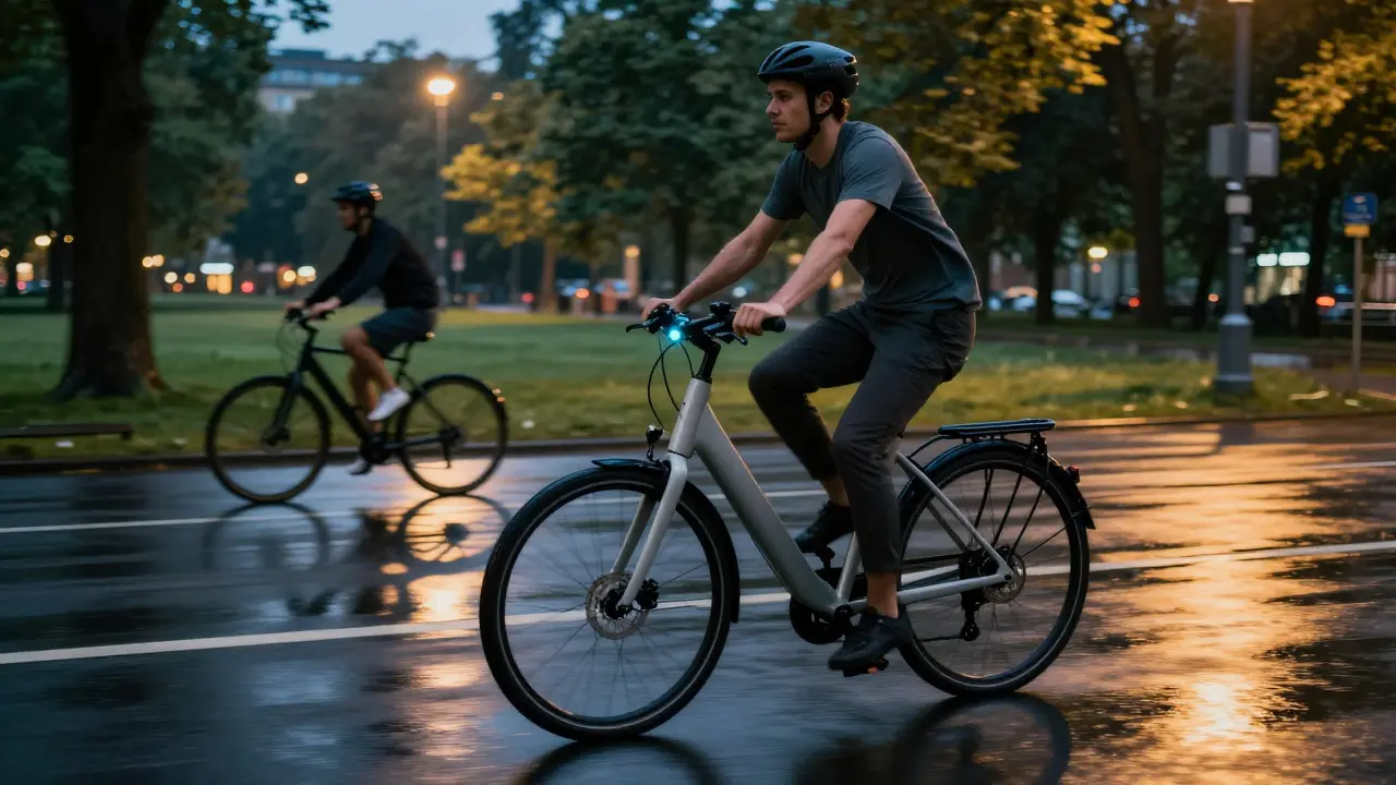 Ein Radfahrer fährt mit einem günstigen E-Bike durch einen Park bei Dämmerung, der Akku-Display leuchtet sanft im Dunkeln.