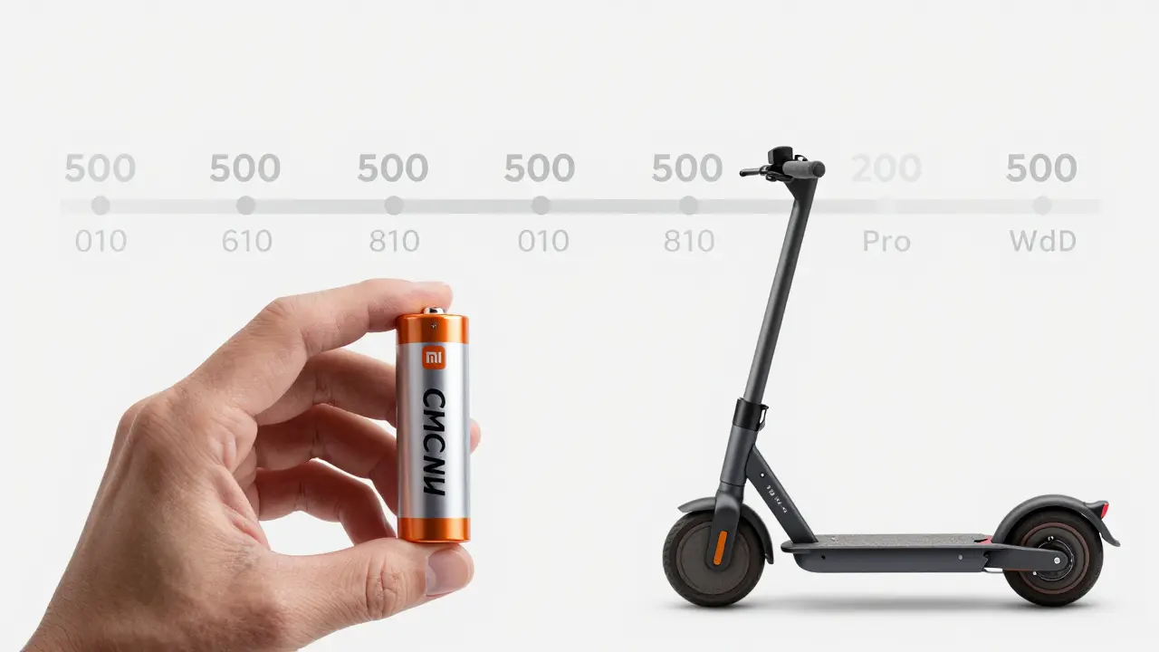 Eine Ersatzbatterie neben einem Elektroroller mit Zyklus-Darstellung.