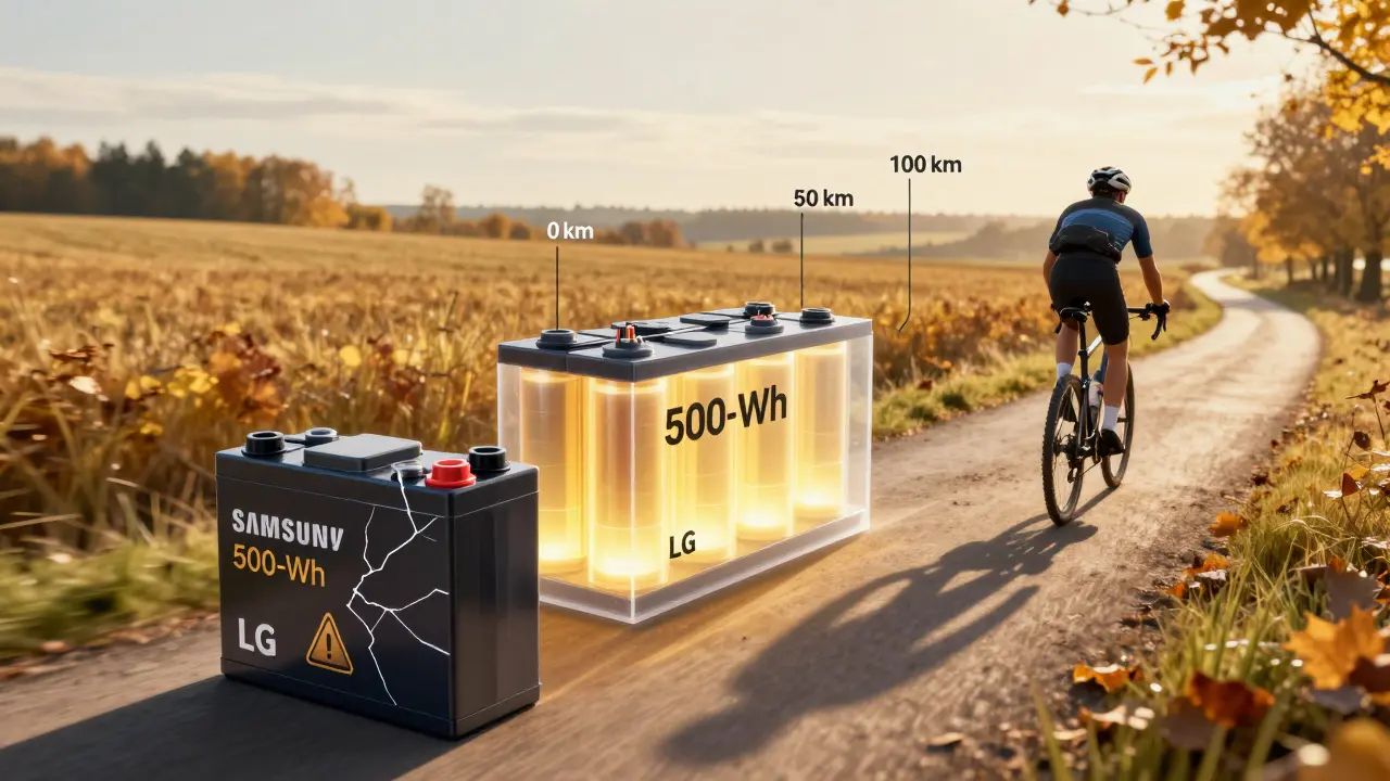 Fahrradfahrer auf einem Landweg, durchscheinende Batterie mit leuchtenden Zellen, während eine defekte Batterie im Vordergrund verfällt.