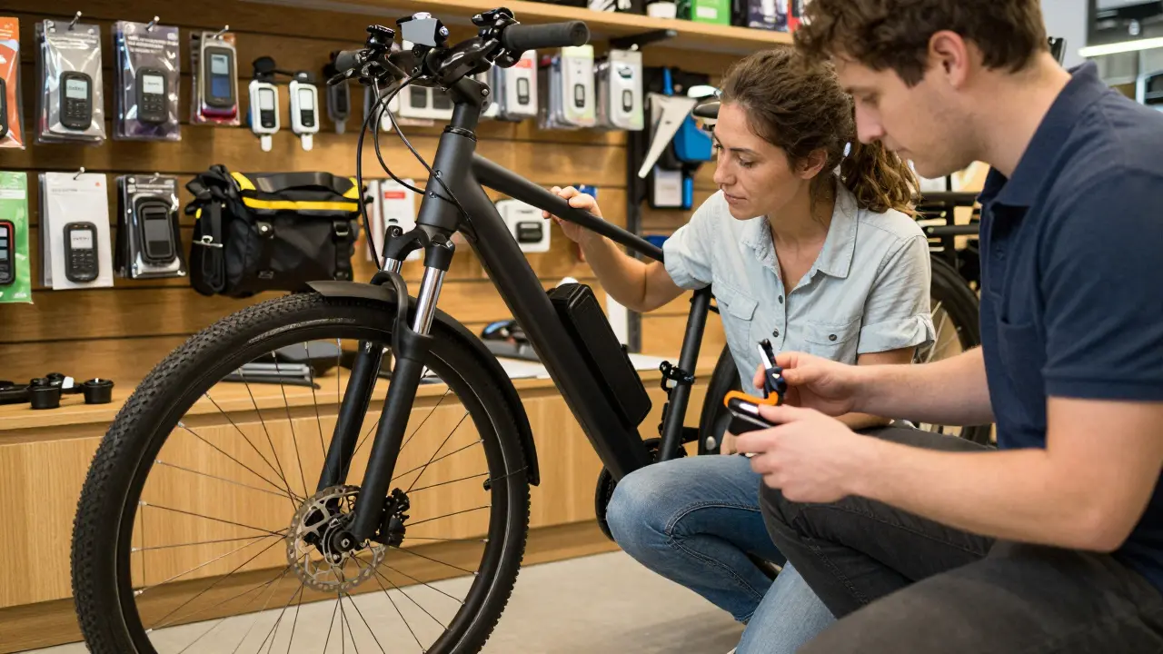Frau untersucht eine E-Bike-Batterie in einem Fahrradgeschäft, Techniker mit Werkzeug, Zubehör wie Tracker und Taschen im Hintergrund.
