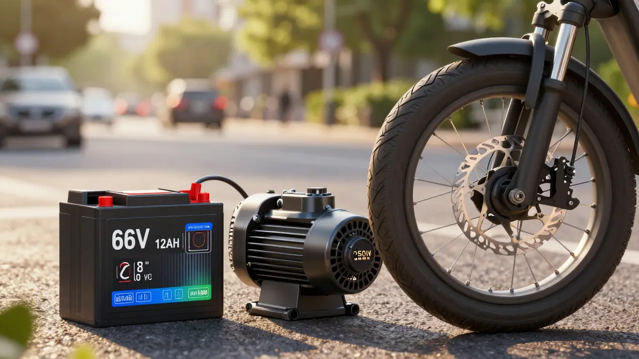 Nahaufnahme eines 36V-Akkus, eines 250-W-Motors und hydraulischer Scheibenbremsen mit warmem Licht, das Technik hervorhebt.