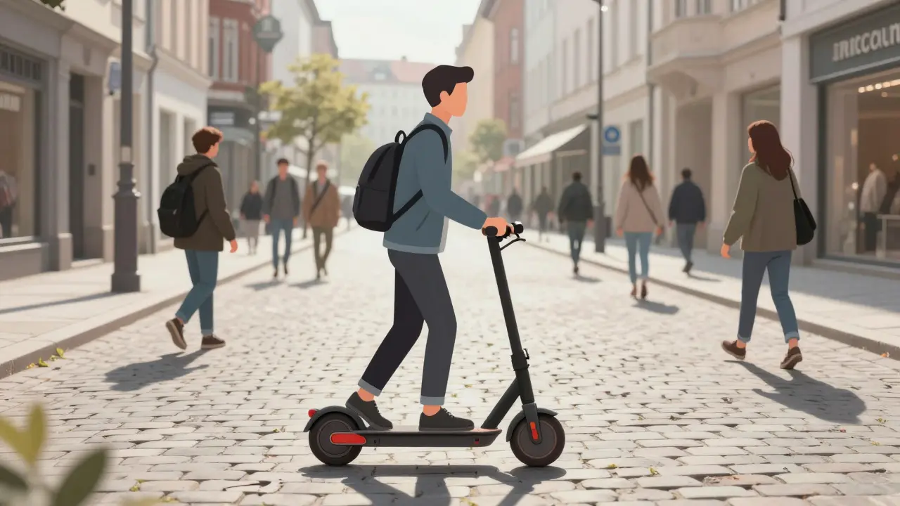 Person schiebt Elektroroller durch Fußgängerzone in deutscher Stadt.