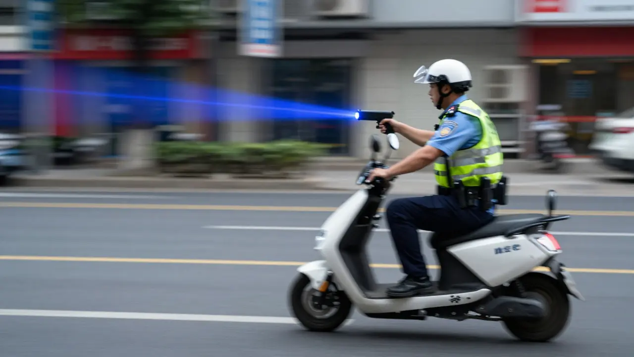 Polizeibeamter misst Geschwindigkeit eines Elektrorollers mit Laserpistole.