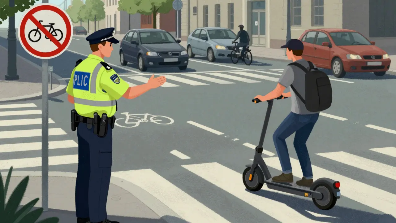 Polizist warnt einen Fahrer eines Elektrorollers, der fälschlicherweise den Radweg benutzt, mit Warnschild in Berliner Stadtumgebung.