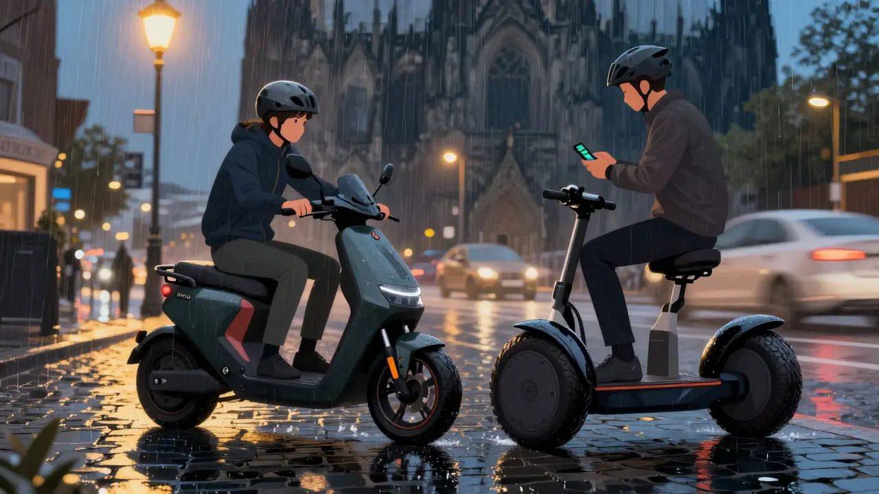 Segway Ninebot Max und Radfahrer auf nasser Straße in Köln, mit klappbarem Lenker und App-Bildschirm-Anzeige.