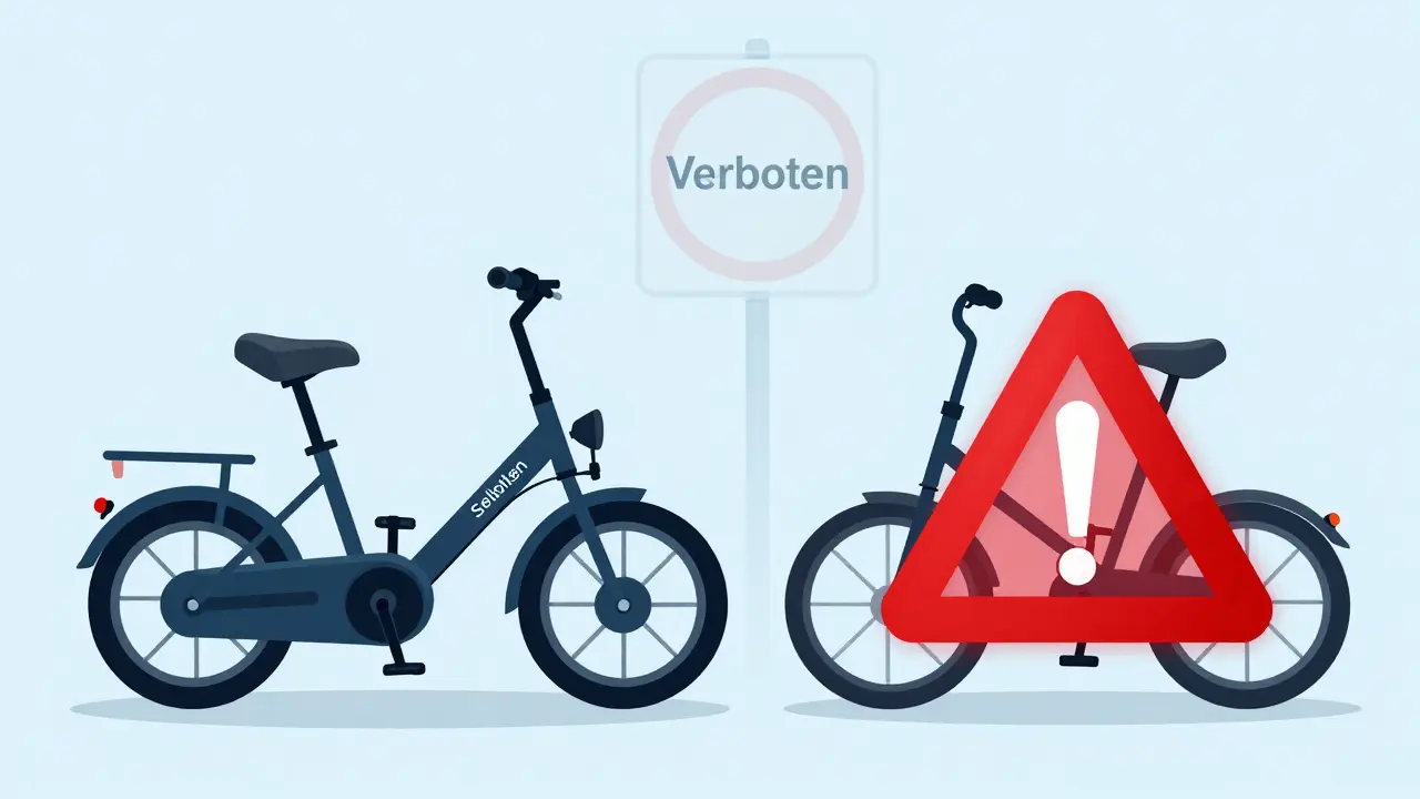 Split image comparing legal S-Pedelec with pedal sensor versus illegal version with throttle and red prohibition symbol.