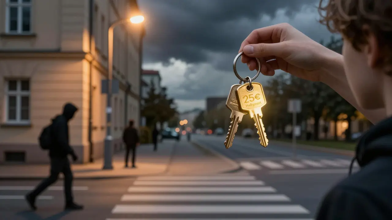 Student hält zwei Schlüssel: einer für günstige Haftpflicht, einer für teurere Vollkasko, in urbaner Szene in Leipzig.