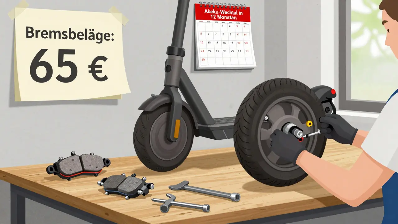 Techniker wechselt Bremsbeläge und Reifen an einem Elektroroller in einer Werkstatt.