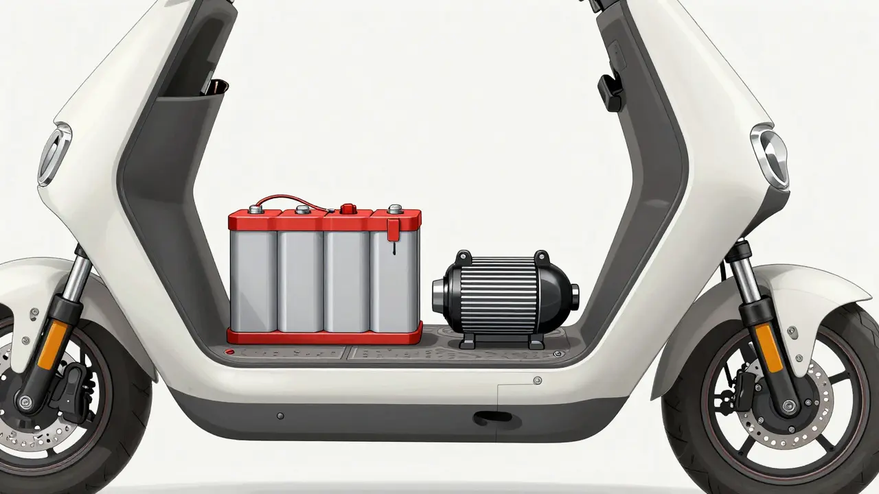 Technische Zeichnung eines Elektrorollers mit internen Komponenten