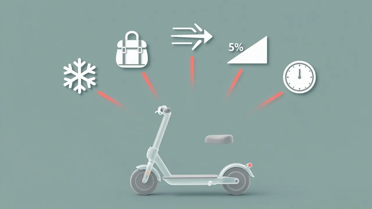 Transparenter Elektroroller mit Energieverbrauch-Icons: Kälte, Gewicht, Wind, Steigung, Akkualter.