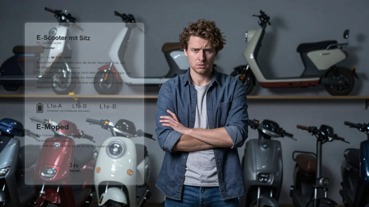 Verbraucher vor einer Wand von E-Rollern mit Sitz, die mit unterschiedlichen Bezeichnungen beschriftet sind, während rechtliche Klassen als Transparenzüberlagerung sichtbar sind.