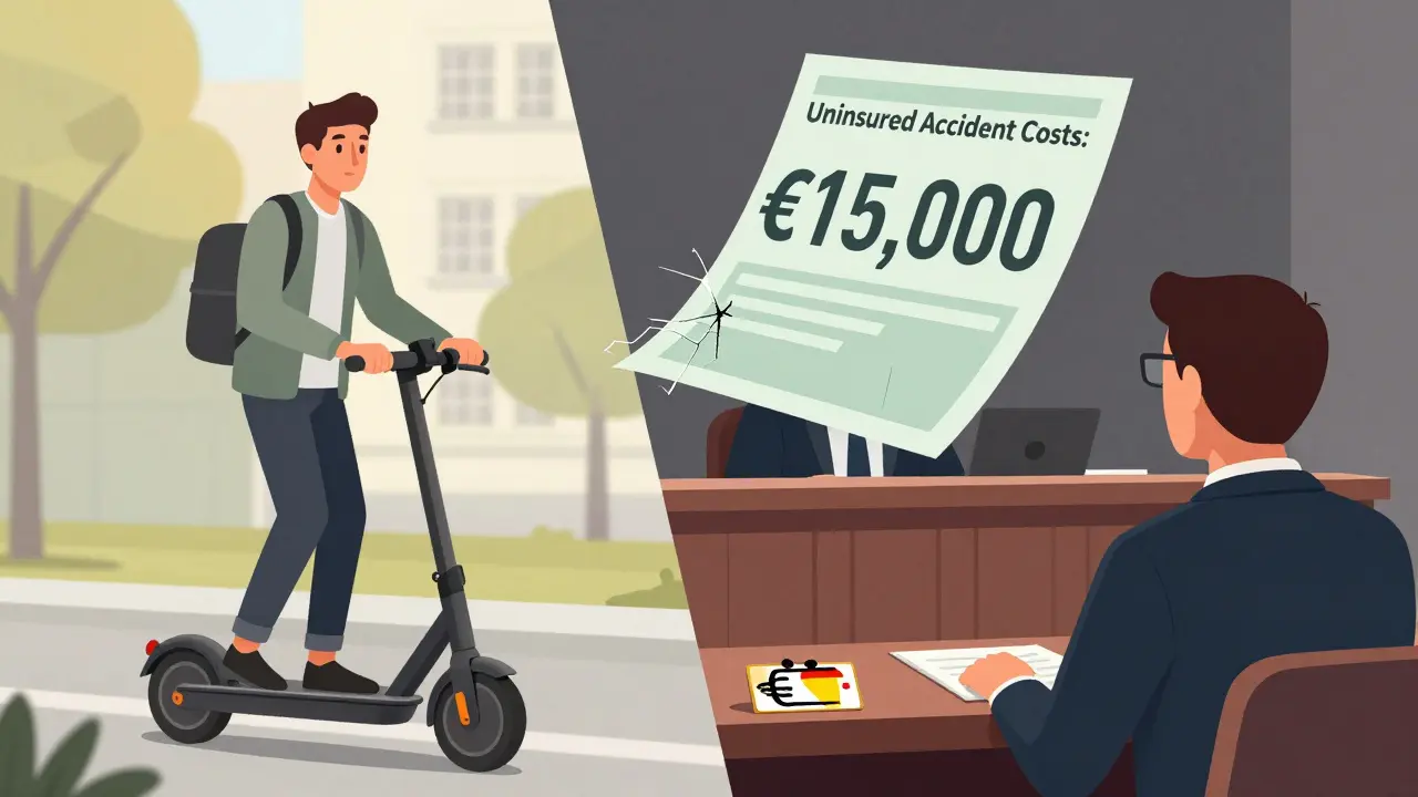 Vergleich: E-Scooter mit Versicherung vs. teure Folgen ohne Versicherung – rechtliche und finanzielle Konsequenzen.