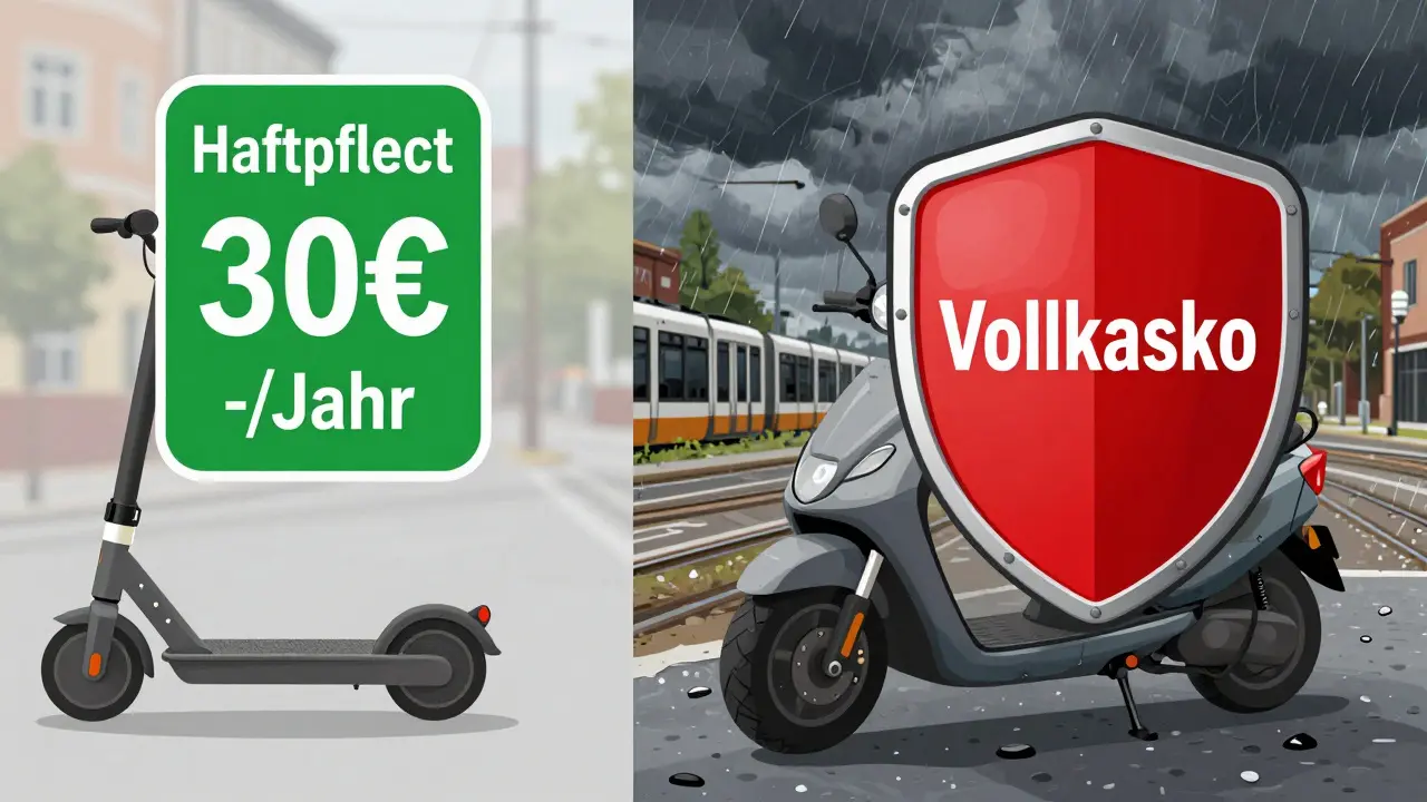 Vergleich: Einfache Haftpflichtversicherung schützt Roller vor Schäden, Vollkasko deckt Hagel und Diebstahl ab.