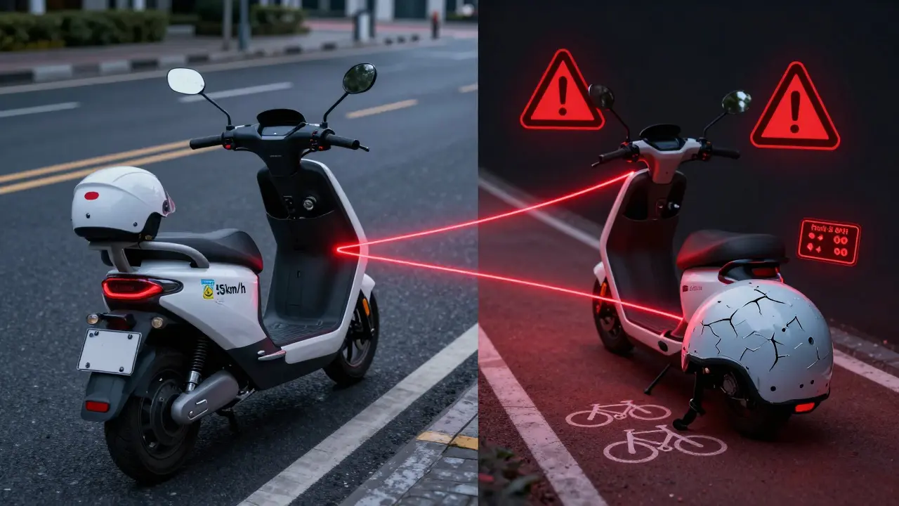Vergleich: Legaler Elektroroller mit Helm und Kennzeichen links, illegaler mit Verstößen rechts — rote Warnsymbole und Strafen.