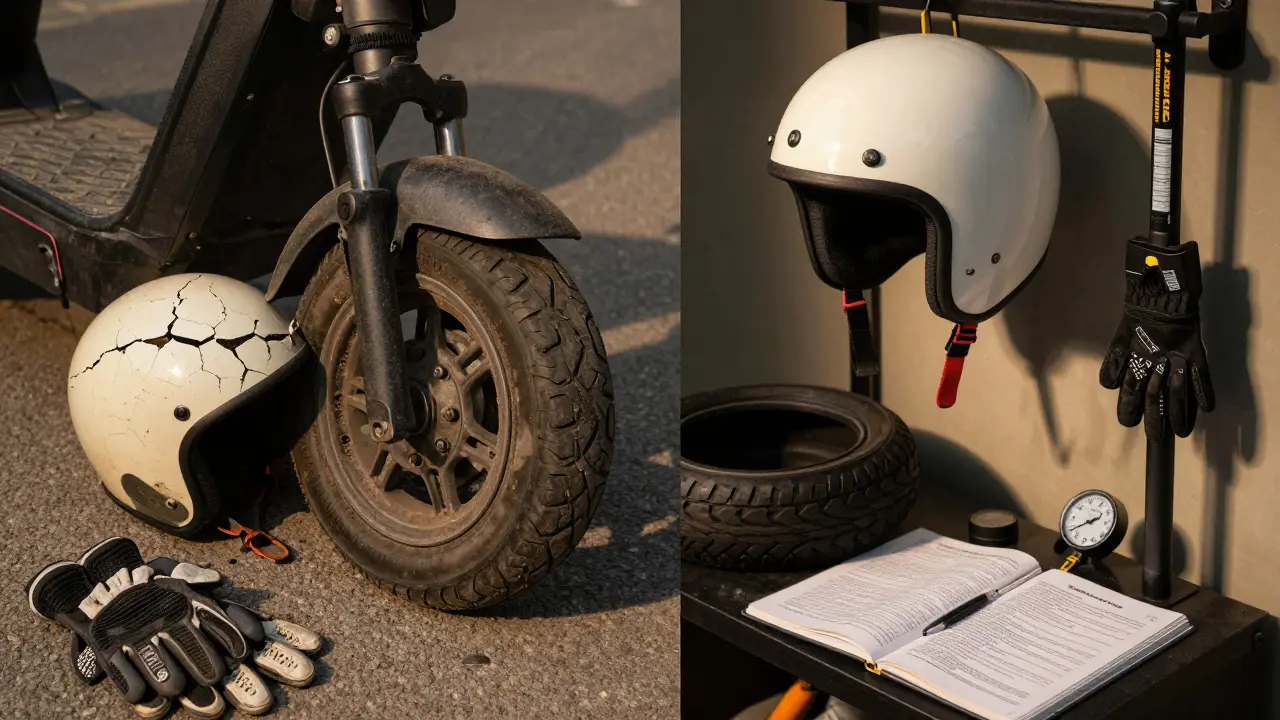 Zerbrochener Helm und abgenutzter Roller-Reifen neben einem gepflegten Motorradhelm und Wartungswerkzeugen.