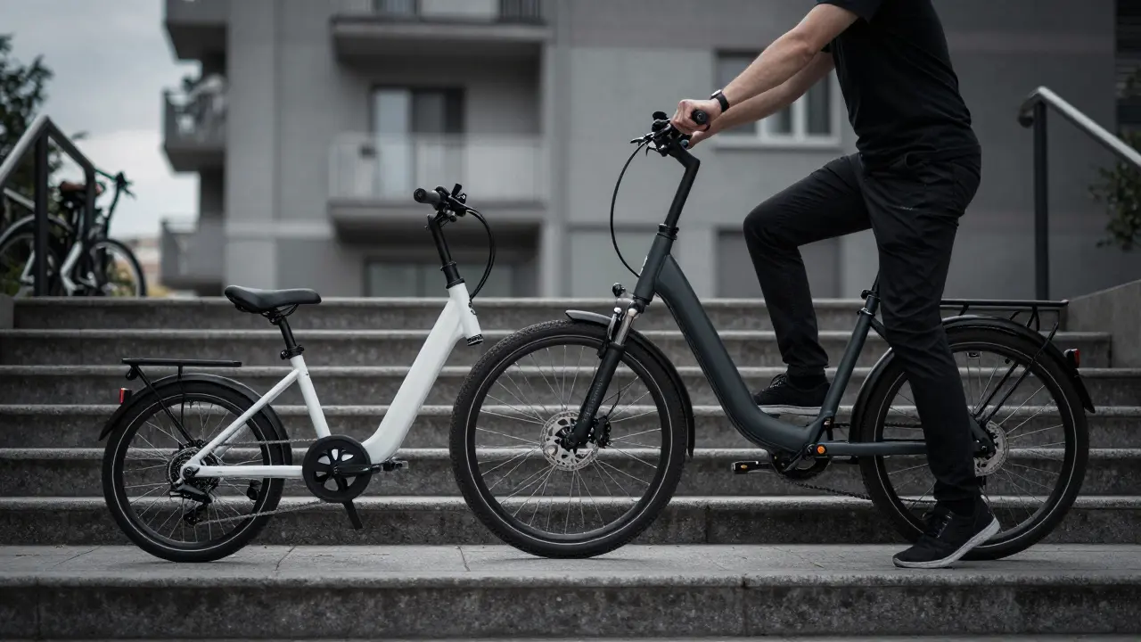 Zwei E-Bikes nebeneinander auf einer Treppe: leichtes 400Wh-Modell vs. schweres 500Wh-Modell, Gewichtsunterschied sichtbar.