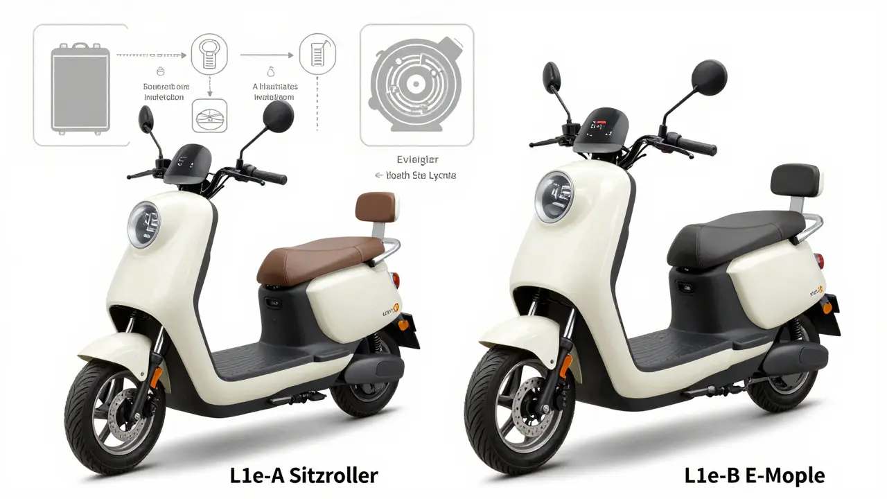Zwei E-Roller mit Sitz im Vergleich: L1e-A (20 km/h) und L1e-B (45 km/h) mit technischen Kennzeichen und rechtlichen Unterschieden.
