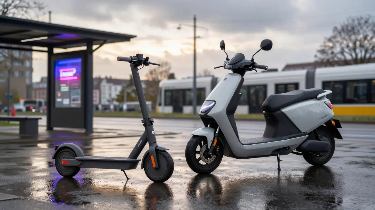 Zwei Elektroroller nebeneinander: leichter Modell mit einem Akku und schwerer mit zwei Akkus, Regen auf der Straße.