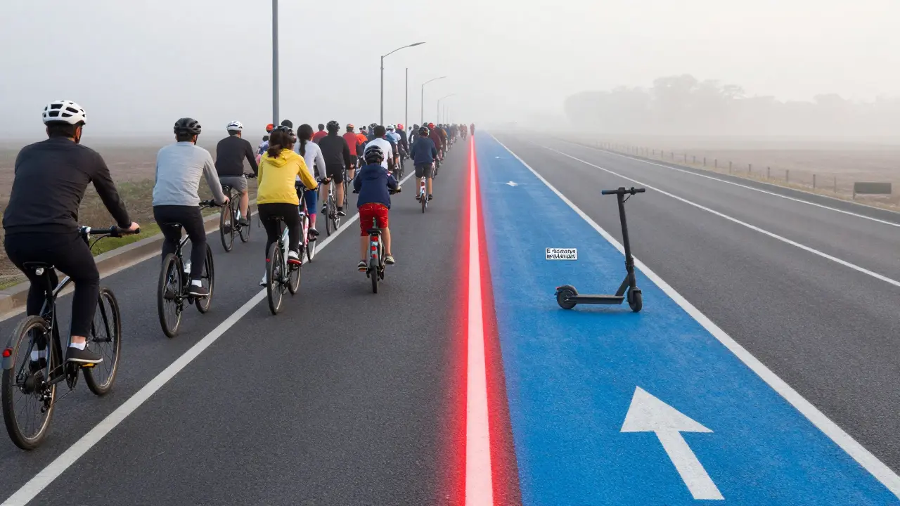 Zwei getrennte Fahrspuren: eine für Fahrräder ohne Freigabe, eine für E-Scooter mit klarem Schild, getrennt durch eine rote Linie als Symbol der Rechtslage.