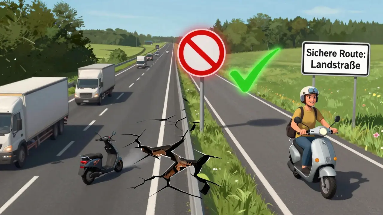 Zwei Wege: eine gefährliche Autobahn und eine sichere Landstraße für Elektroroller.