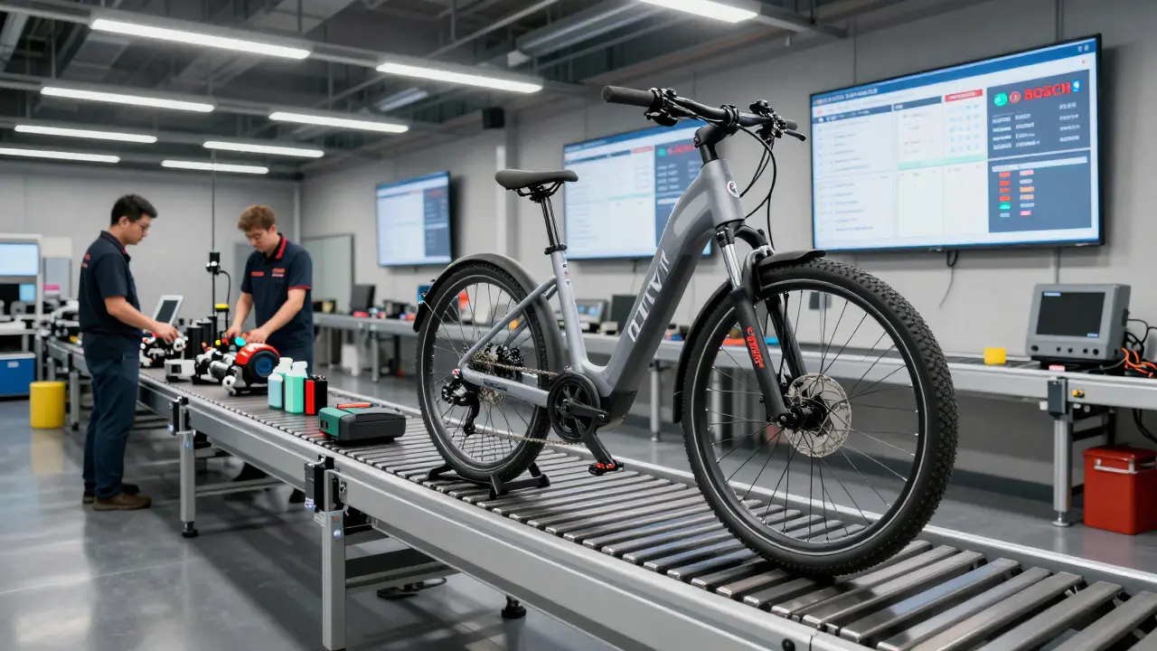 Assembly line in a warehouse showing Crivit E-Bike components like Bosch motor and LG battery being installed.