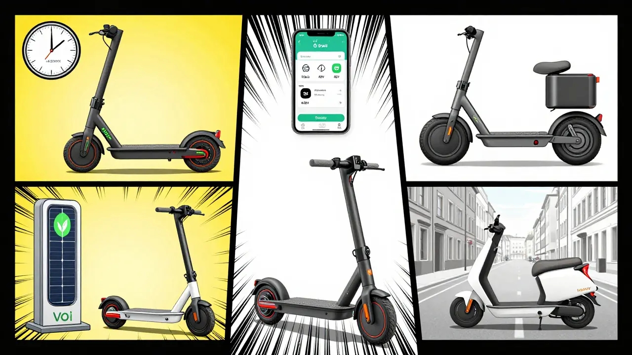 Comic-stilisierte Vergleichsdarstellung der fünf besten E-Scooter-Anbieter in Deutschland mit ihren Schlüsselmerkmalen.