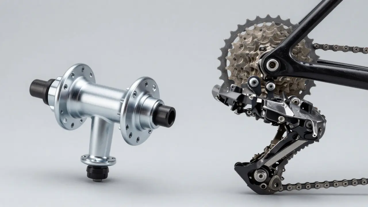 Detailansicht von Nabenschaltung und Kettengliedern ohne Text