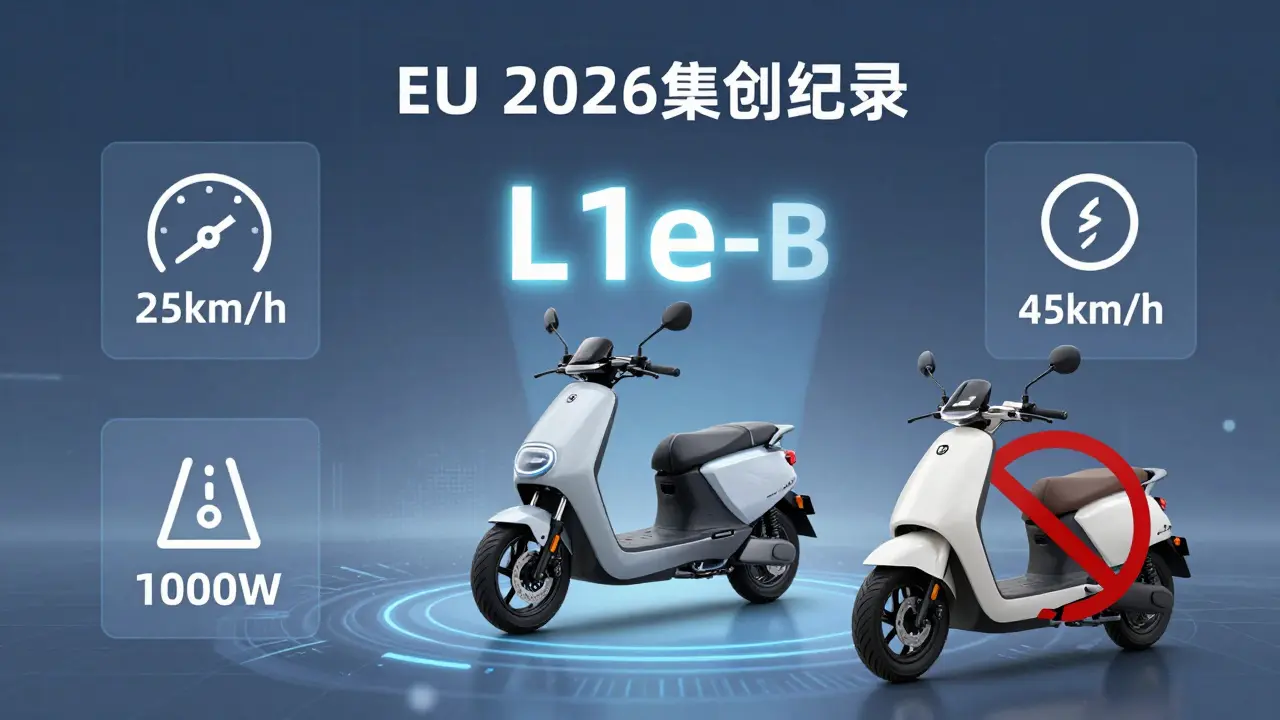 Digitale Darstellung der EU-Regelungen für Elektrofahrzeuge 2026 mit L1e-B-Kennzeichnung und gesperrtem schnellerem Modell.