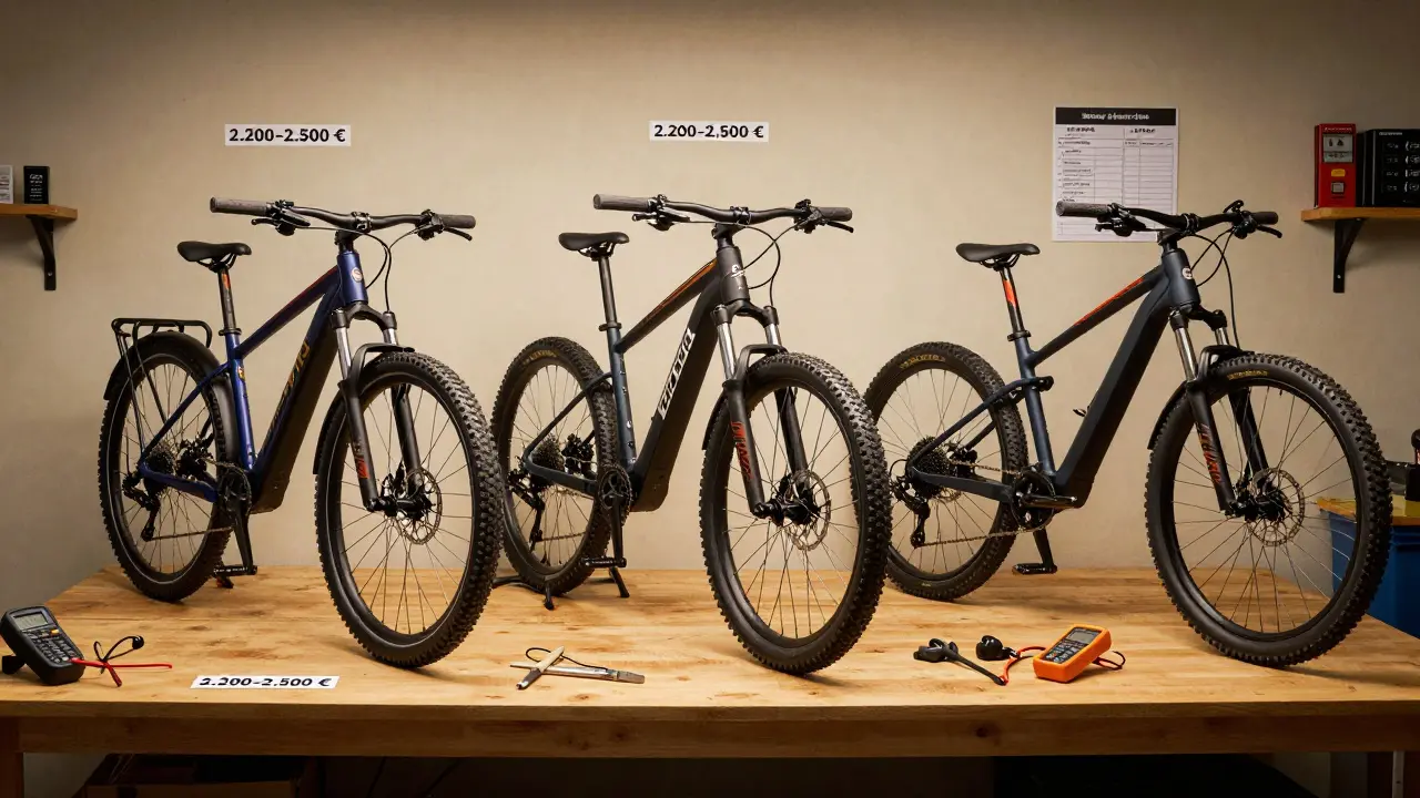 Drei E-Bike-Typen auf einer Werkstattbank mit Preisschildern und Service-Tools.