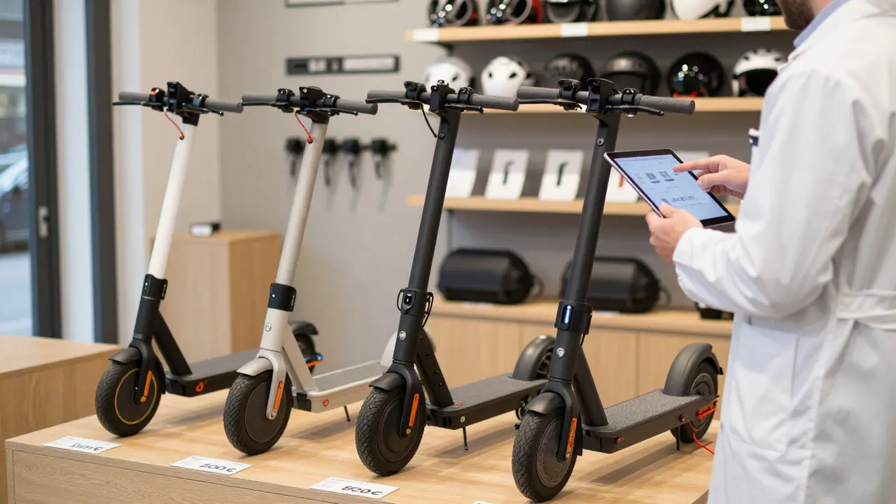 Drei E-Scooter in einem Fachgeschäft verglichen: billiges, mittelklasse und Premium-Modell mit Zubehör wie Helm und Ladegerät.
