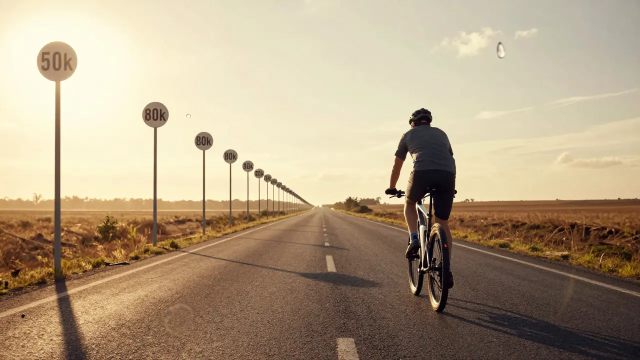 E-Bike fährt eine Straße mit Kilometerangaben von 50.000 bis 80.000 km entlang, Symbol für Langlebigkeit.