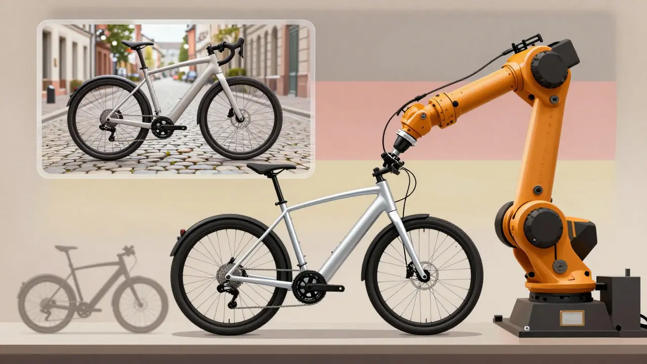 Ein Cube E-Bike-Rahmen wird in einer asiatischen Fabrik hergestellt, während er gleichzeitig in deutschen Wäldern getestet wird.